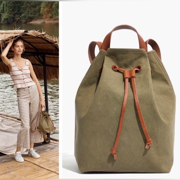 Madewell Olive Green cotton canvas Backpack brown leather detail main image 16